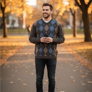 Men's Argyle Sweater - Blue and Brown